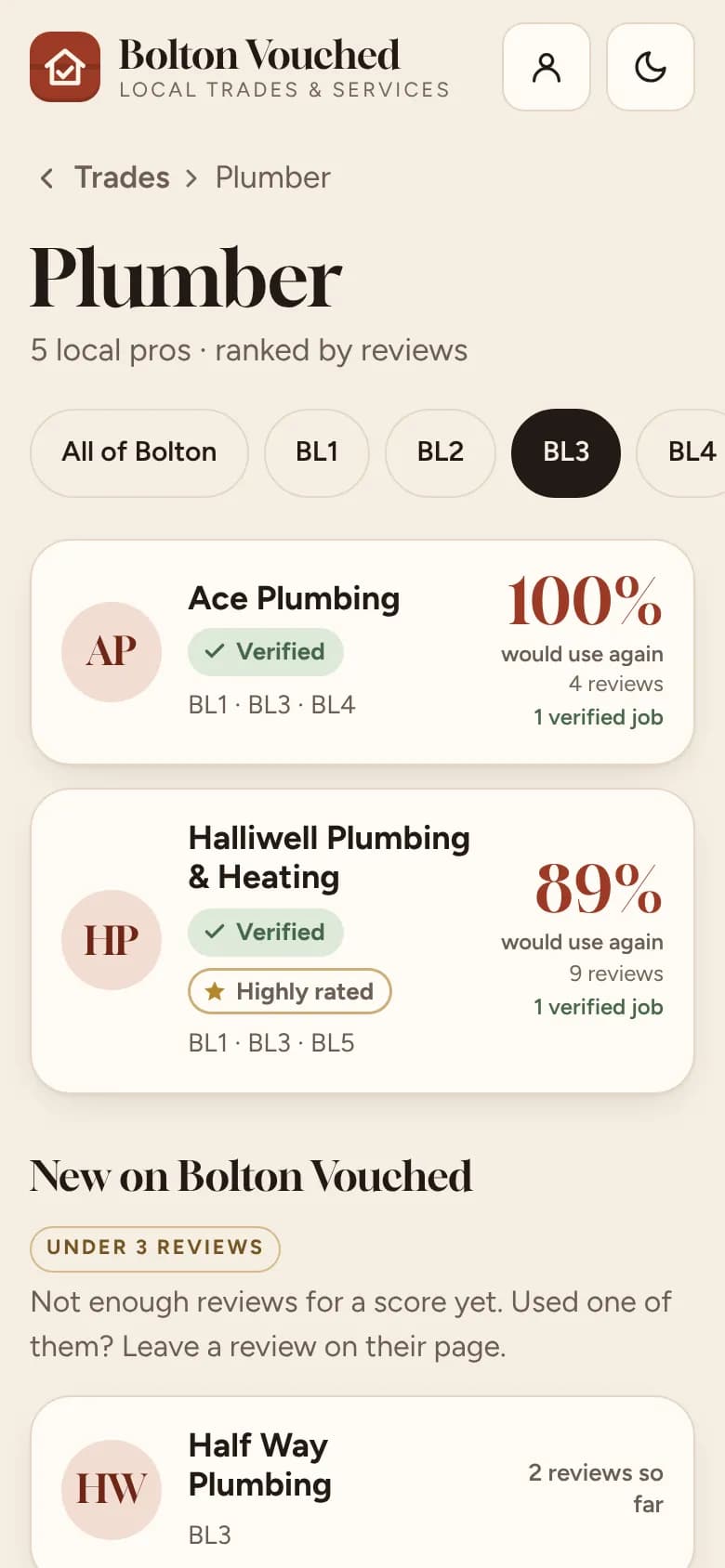 Sample listing: a list of plumbers filtered to the BL3 area