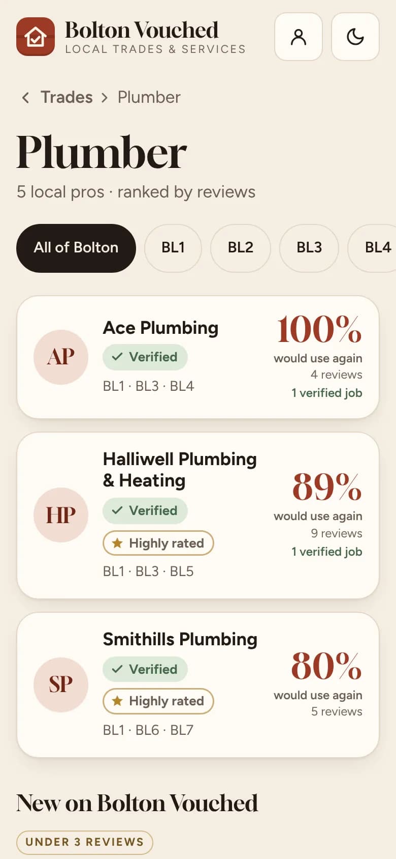 Sample listing: a list of plumbers on Bolton Vouched