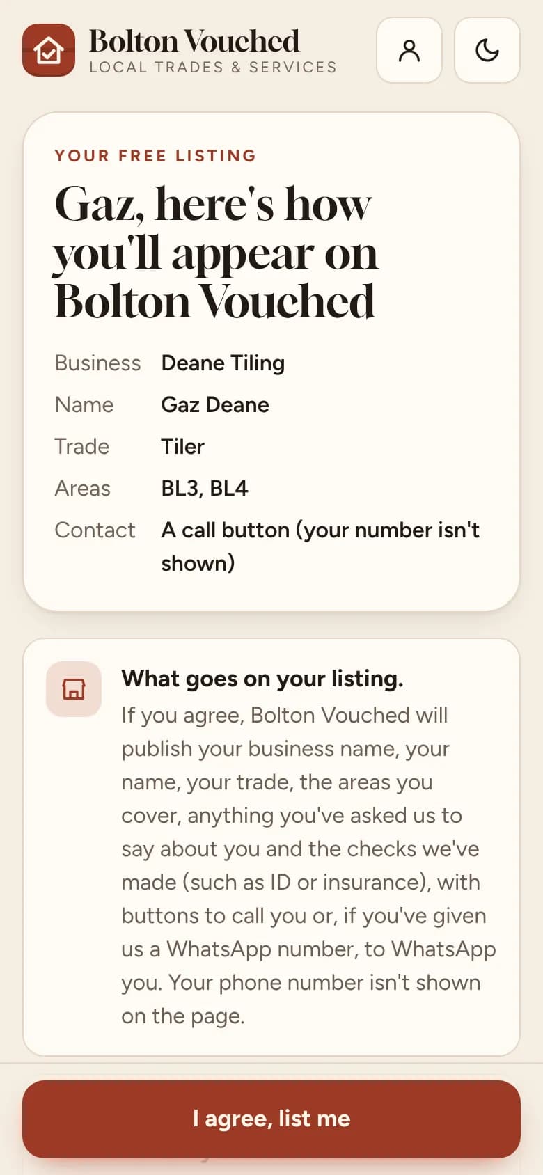 Sample listing: the page a trader sees before agreeing, here's how you'll appear on Bolton Vouched