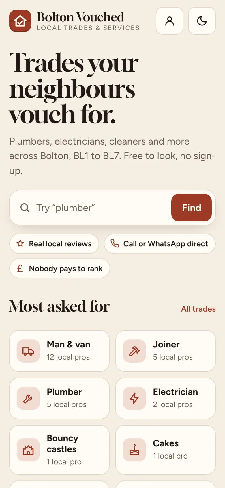 Sample listing: the Bolton Vouched home screen with a search box and the most asked-for trades