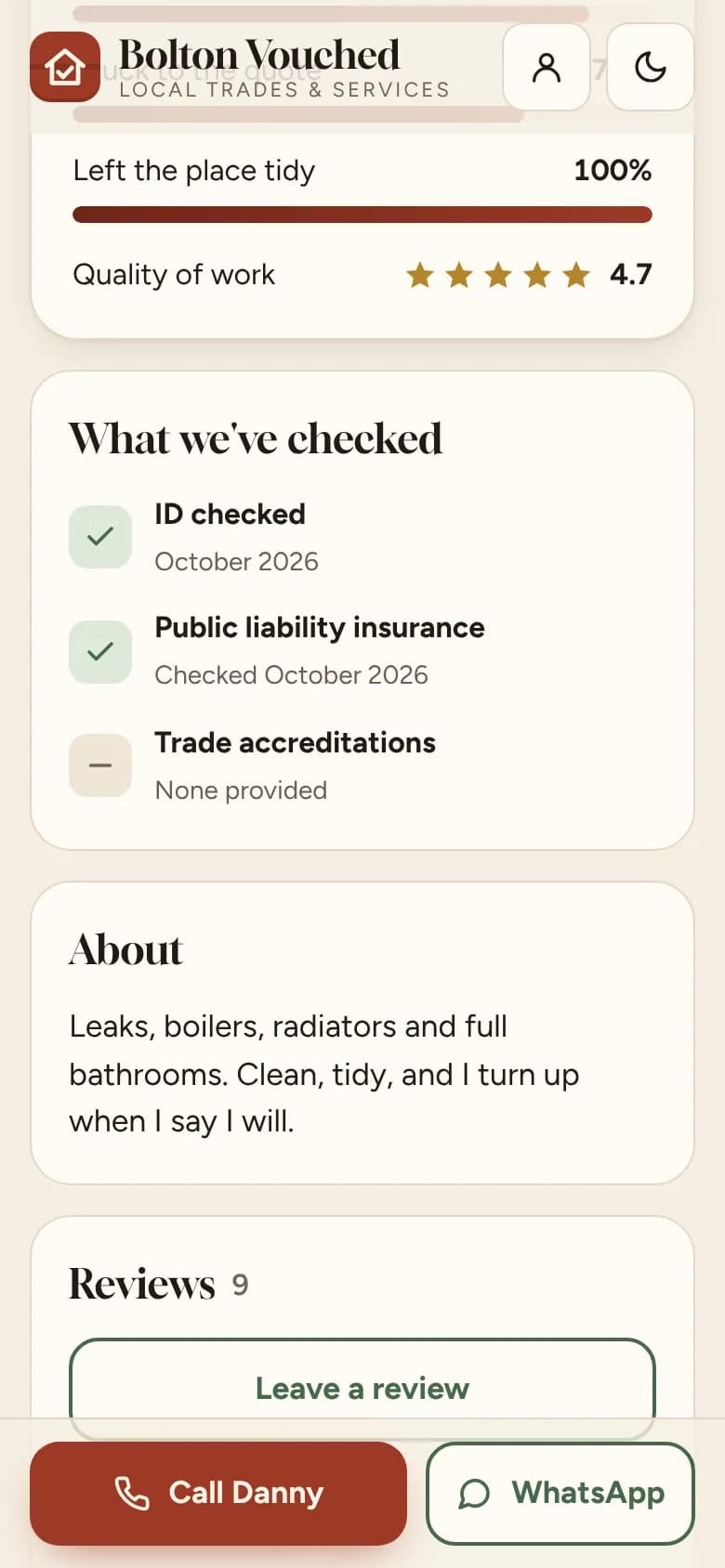 Sample listing: the 'What we've checked' card: ID checked and public liability insurance, with the month checked