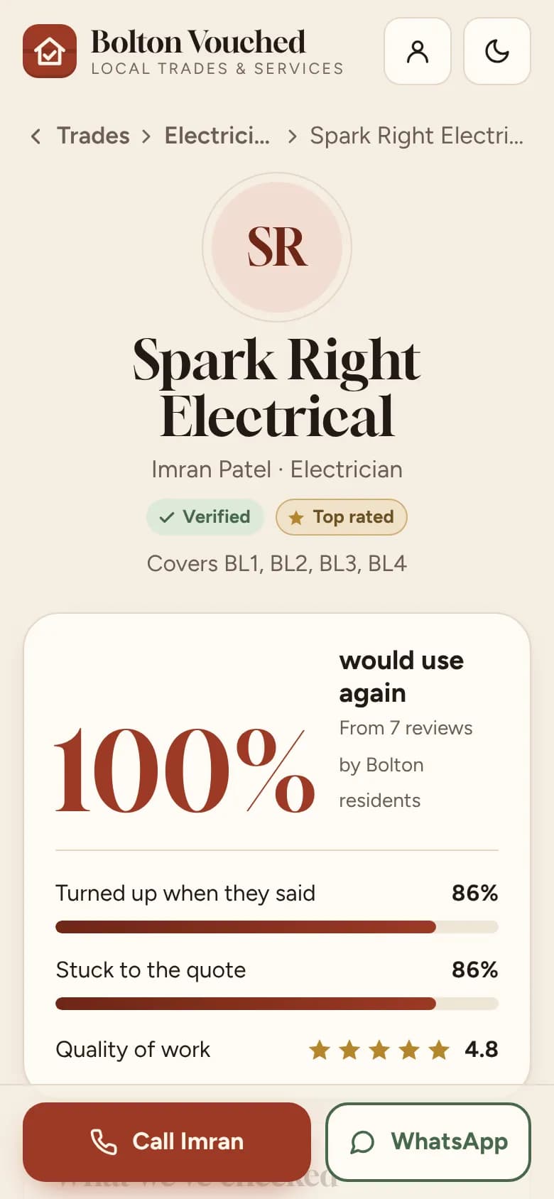 Sample listing: an electrician's profile with Call and WhatsApp buttons along the bottom