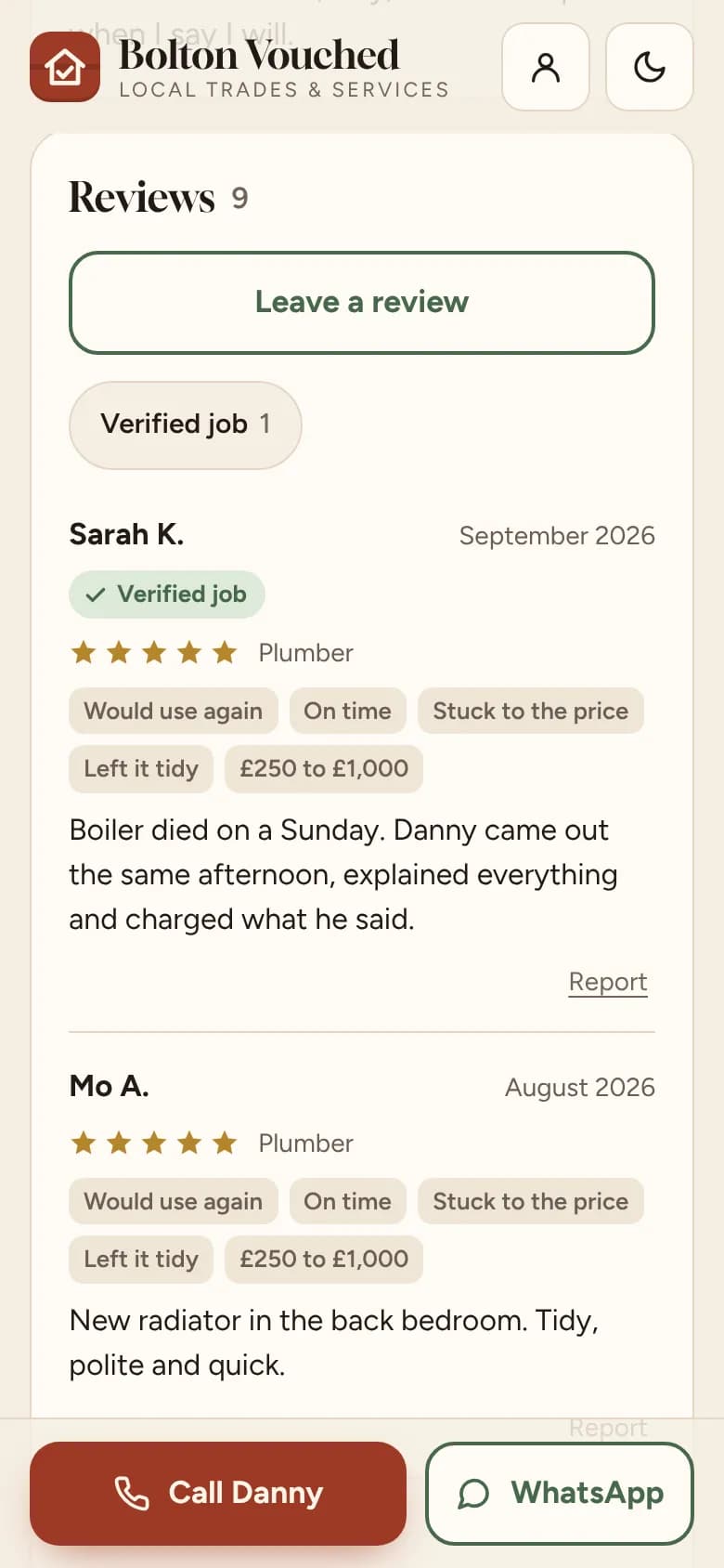 Sample listing: a plumber's reviews, with a Verified job badge and the plumber's reply