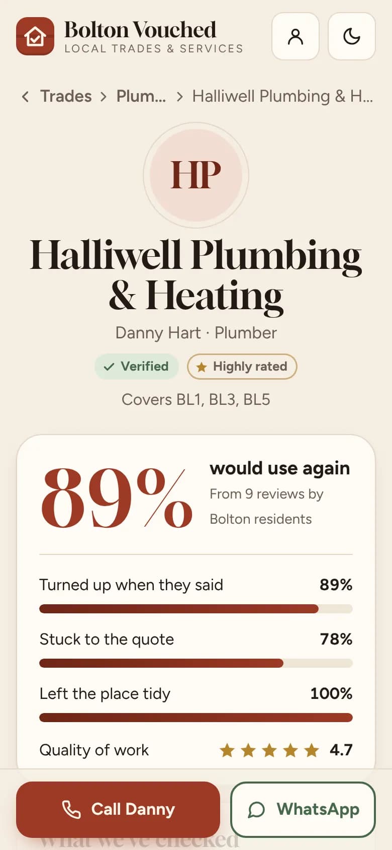 Sample listing: a plumber's profile with made-up review figures